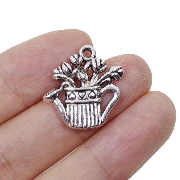 10 Plant Basket Charm Charms Antique Silver Tone Pendant
