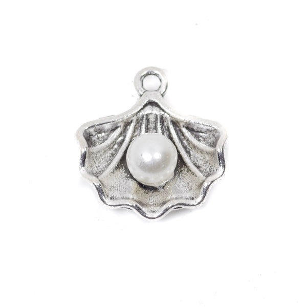 10 Shell with Pearl Charm Charms Antique Silver Tone Pendant