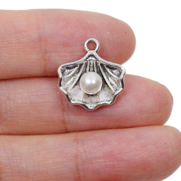 10 Shell with Pearl Charm Charms Antique Silver Tone Pendant