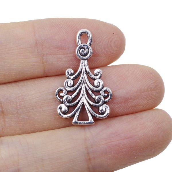 10 Christmas Tree Charm Charms Antique Silver Tone Pendant