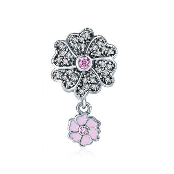 925 Sterling Silver Pink Enamel Flower Charm Bead Fits Pandora Charm Bracelet Pendant