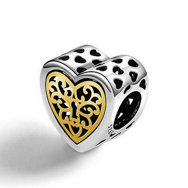 925 Sterling Silver Golden Heart Charm Bead for Charm Bracelet Pendant