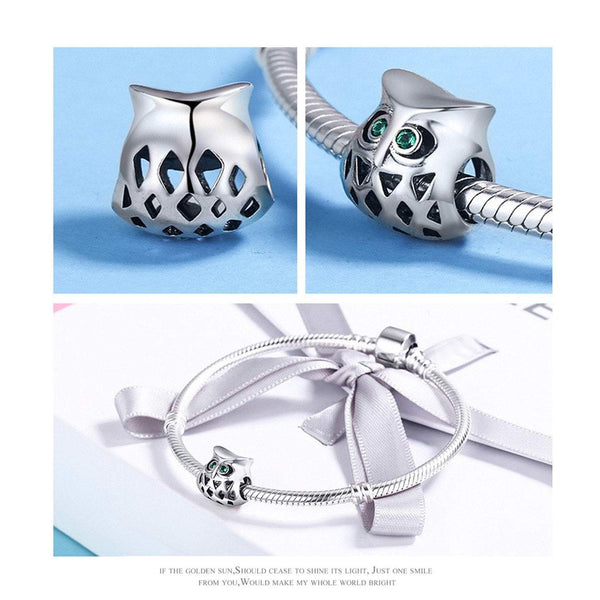 925 Sterling Silver Green Owl Charm Bead for Charm Bracelet Pendant