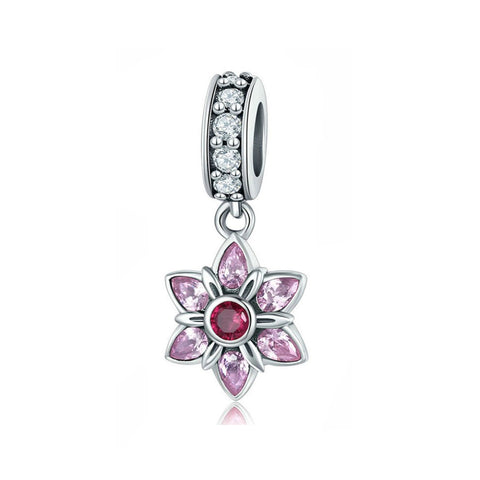 925 Sterling Silver Pink Cherry Blossom Charm Bead Fits Pandora Charm Bracelet Pendant