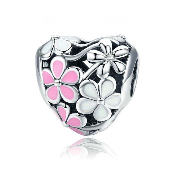 925 Sterling Silver Pink and White Flower Charm Bead Fits Pandora Charm Bracelet Pendant