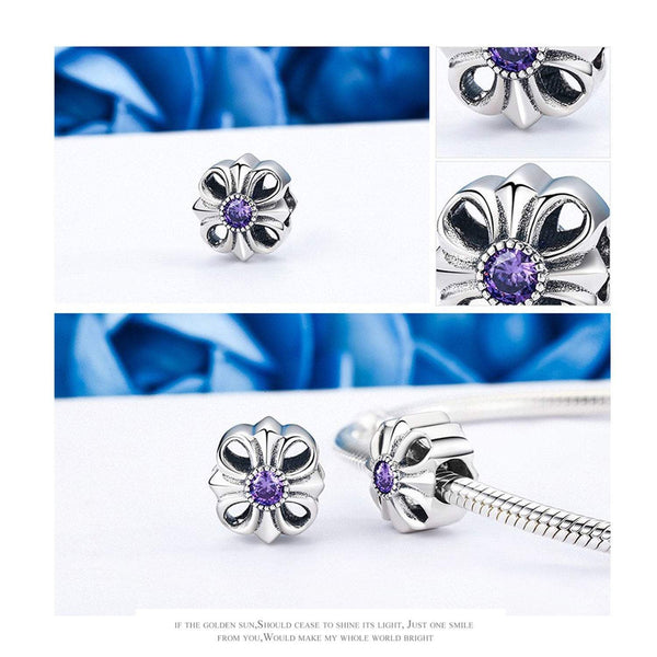 925 Sterling Silver Purple Flower Charm Bead Fits Pandora Charm Bracelet Pendant