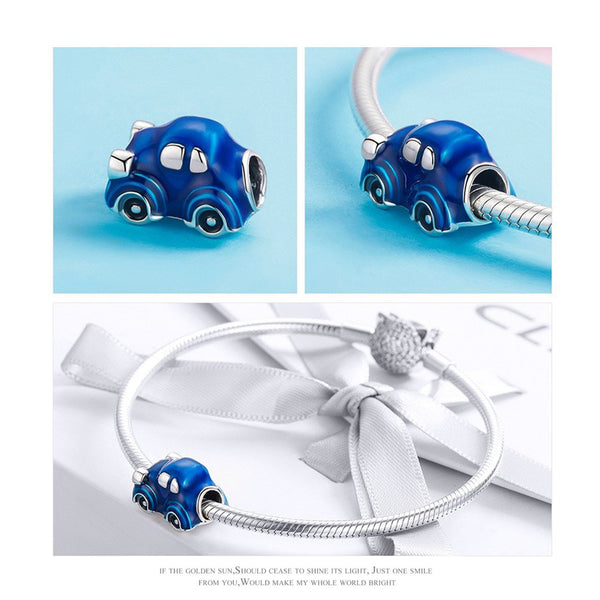 925 Sterling Silver Blue Car Charm Bead for Bracelet Pendant