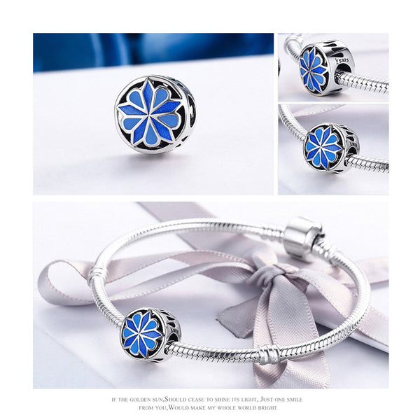 925 Sterling Silver Blue Flower Charm Bead for Bracelet Pendant