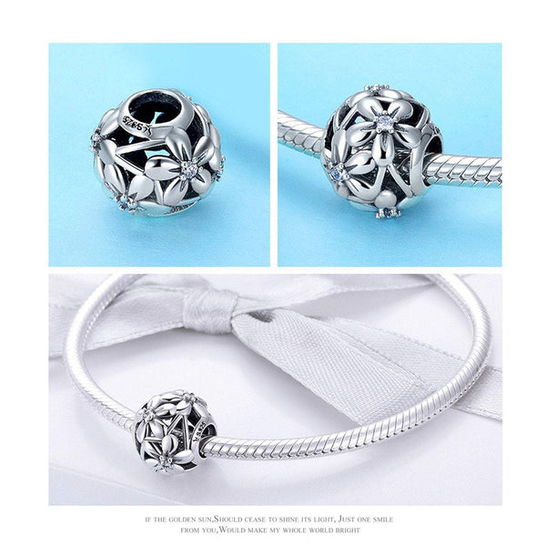 925 Sterling Silver White Flower Charm Bead Fits Pandora Charm Bracelet Pendant