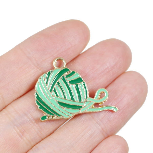 6 Pcs Green Wool Yarn Enamel Charm Gold Plated Pendant