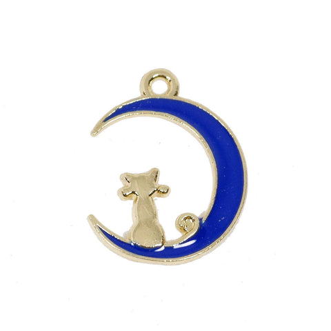 10 Pcs Cat On The Blue Moon Enamel Charm Gold Plated Pendant