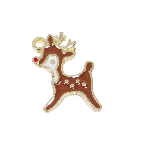 8 Pcs Brown Reindeer Christmas Enamel Charm Gold Plated Pendant