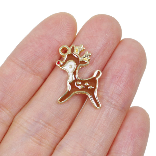 8 Pcs Brown Reindeer Christmas Enamel Charm Gold Plated Pendant