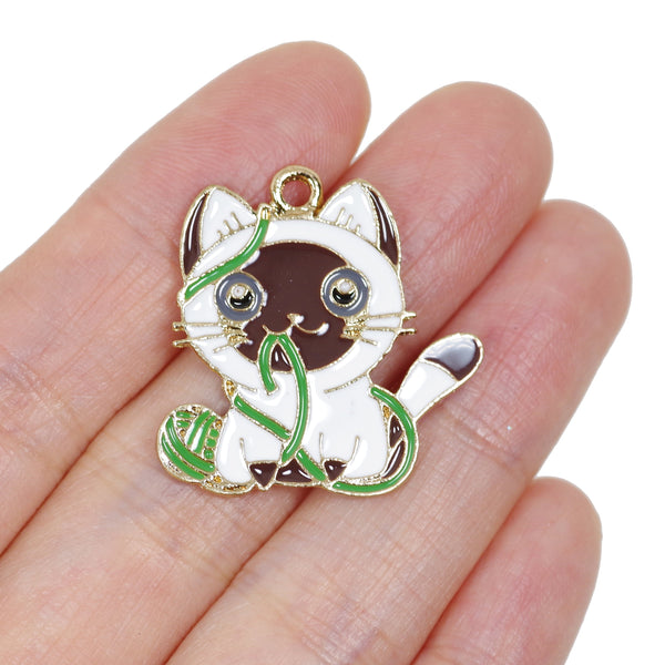 4 Pcs Cat with Yarn Enamel Charm Craft Supplies Gold Plated Pendant