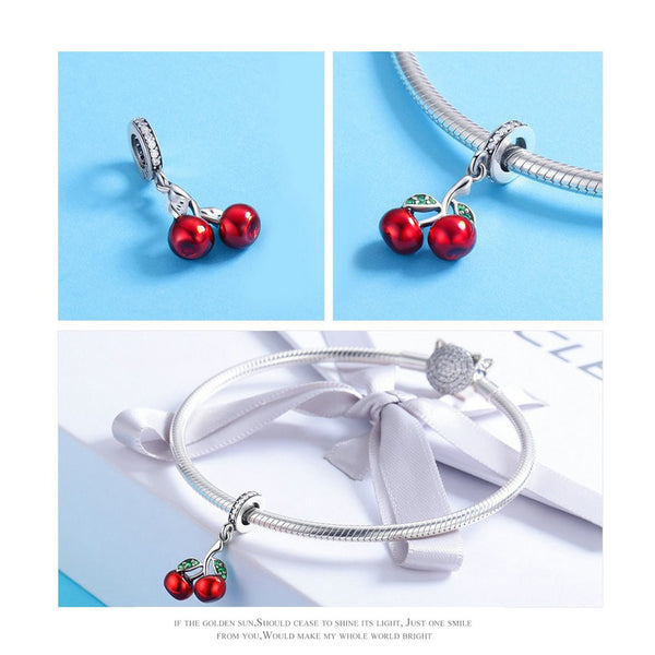 925 Sterling Silver Cherry Charm Bead Fits Pandora Charm Bracelet Pendant