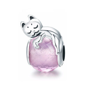 925 Sterling Silver Sleepy Cat Charm Bead Fits Pandora Charm Bracelet Pendant