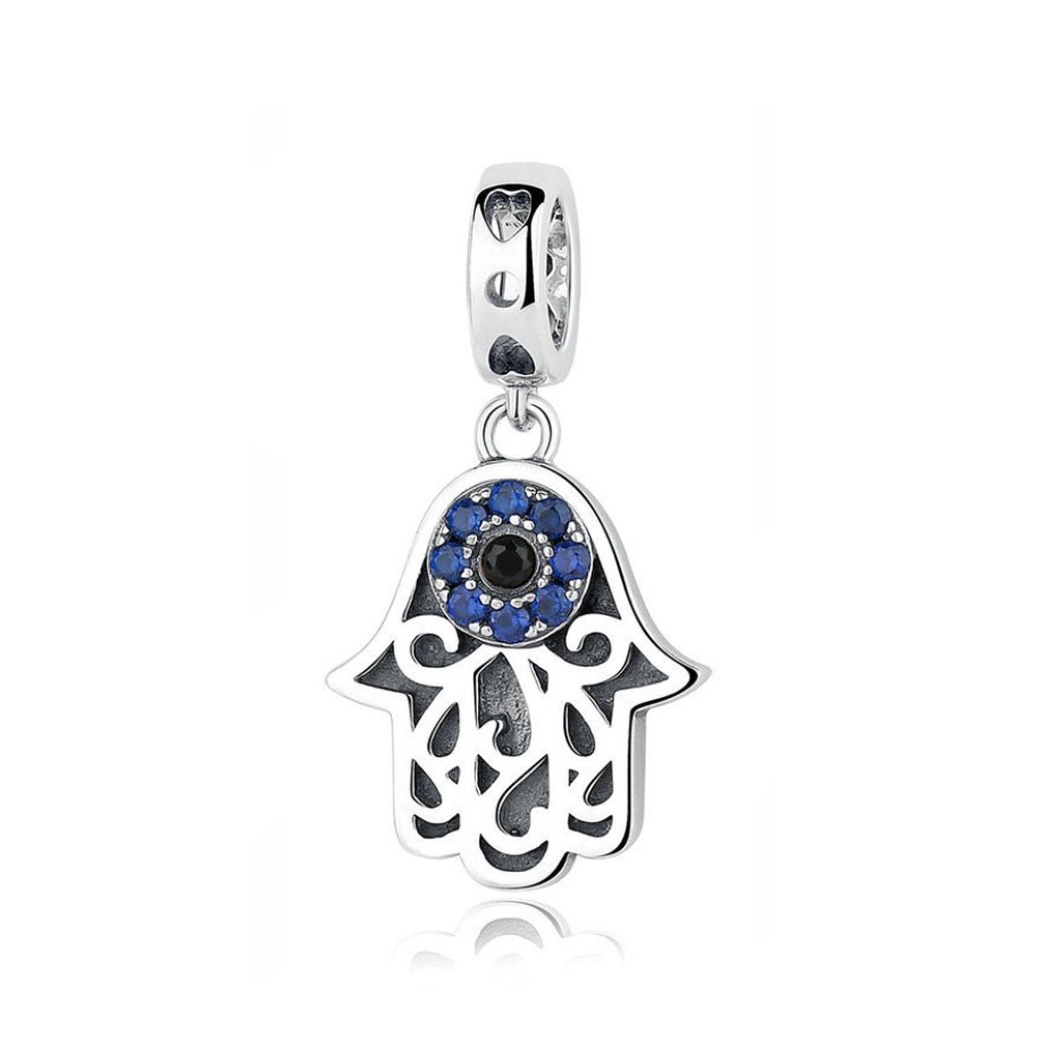 925 Sterling Silver Blue Evil Eye In  Hamsa Hand Charm Bead Fits Pandora Charm Bracelet Pendant