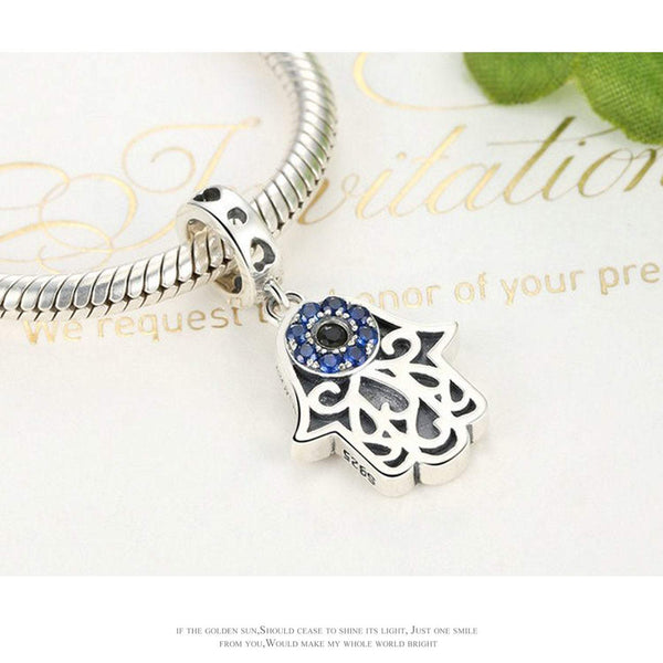 925 Sterling Silver Blue Evil Eye In  Hamsa Hand Charm Bead Fits Pandora Charm Bracelet Pendant