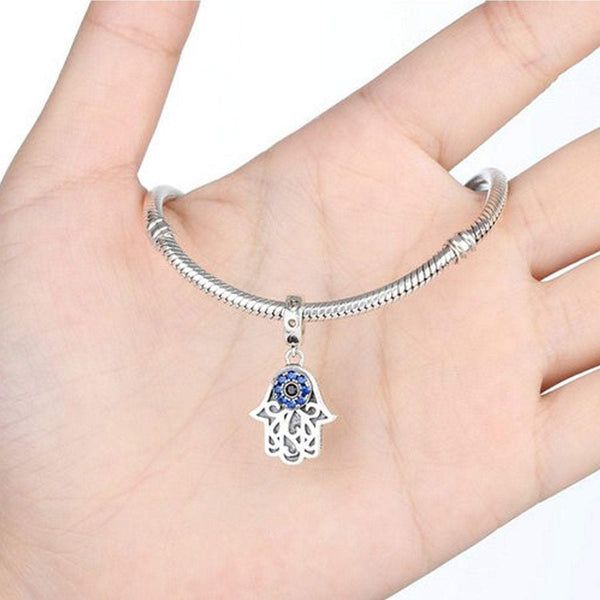 925 Sterling Silver Blue Evil Eye In  Hamsa Hand Charm Bead Fits Pandora Charm Bracelet Pendant