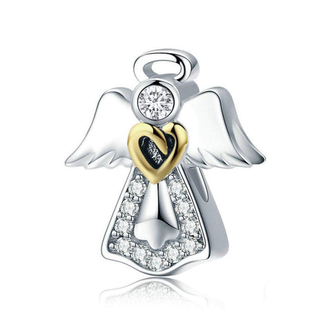 925 Sterling Silver Angle with Gold Heart Charm Bead Fits Pandora Charm Bracelet Pendant