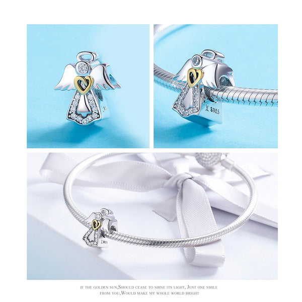 925 Sterling Silver Angle with Gold Heart Charm Bead Fits Pandora Charm Bracelet Pendant