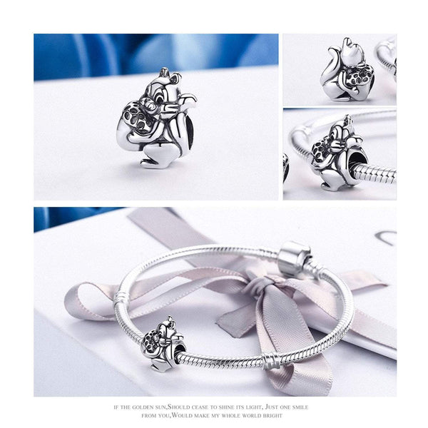 925 Sterling Silver Squirrel and Cone Charm Bead Fits Pandora Charm Bracelet Pendant