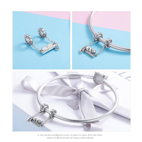 925 Sterling Silver Sleepy Cat Charm Bead Fits Pandora Charm Bracelet Pendant