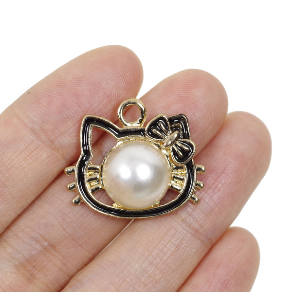 5 Pcs Hello Kitty with Pearl GoldPlated Enamel Charm Craft Supplies