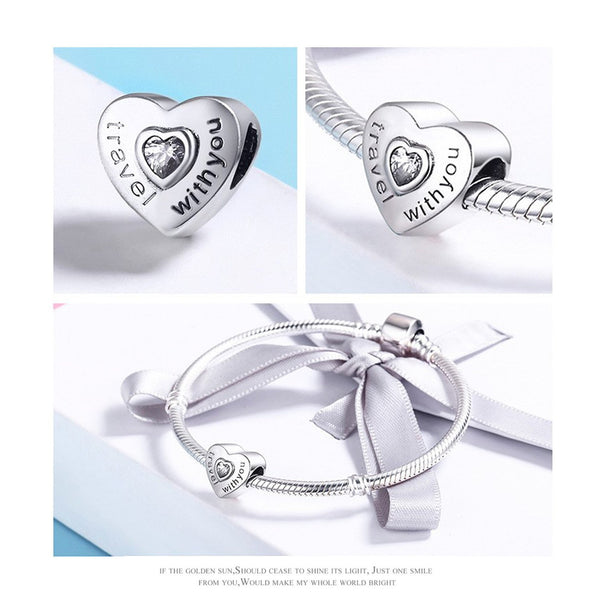 925 Sterling Silver Travel With You Heart Charm Bead Fits Pandora Charm Bracelet Pendant