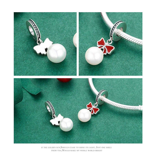 925 Sterling Silver Enamel Red Bow with Pearl Charm Bead Fits Pandora Charm Bracelet Pendant