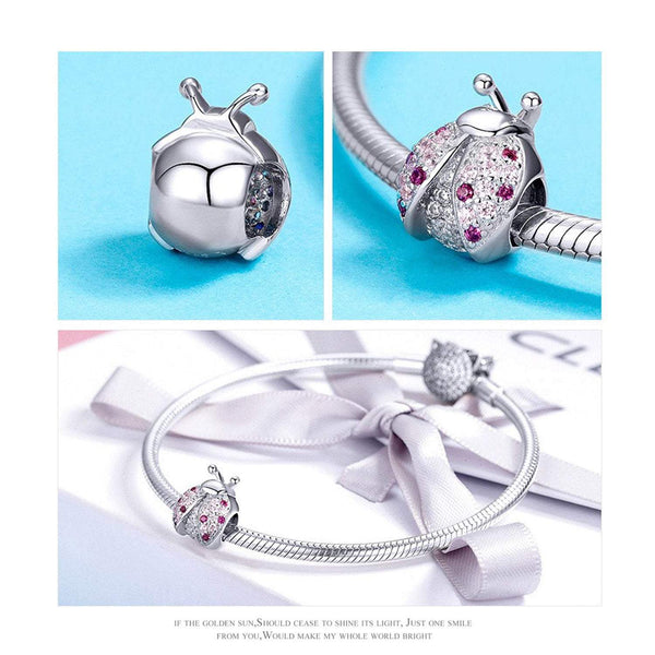 925 Sterling Silver Pink Ladybug Charm Bead Fits Pandora Charm Bracelet Pendant