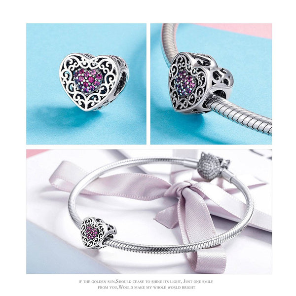 925 Sterling Silver Pink Heart Charm Bead Fits Pandora Charm Bracelet Pendant