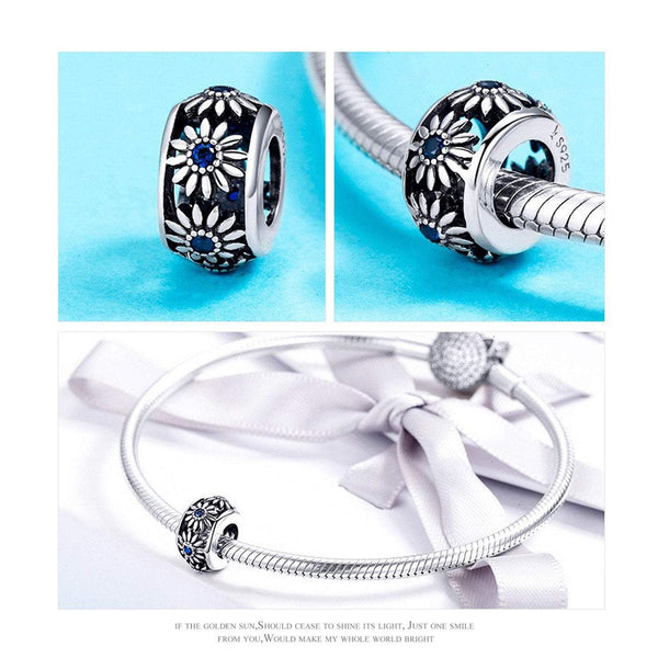 925 Sterling Silver Blue Daisy Charm Bead Fits Pandora Charm Bracelet Pendant