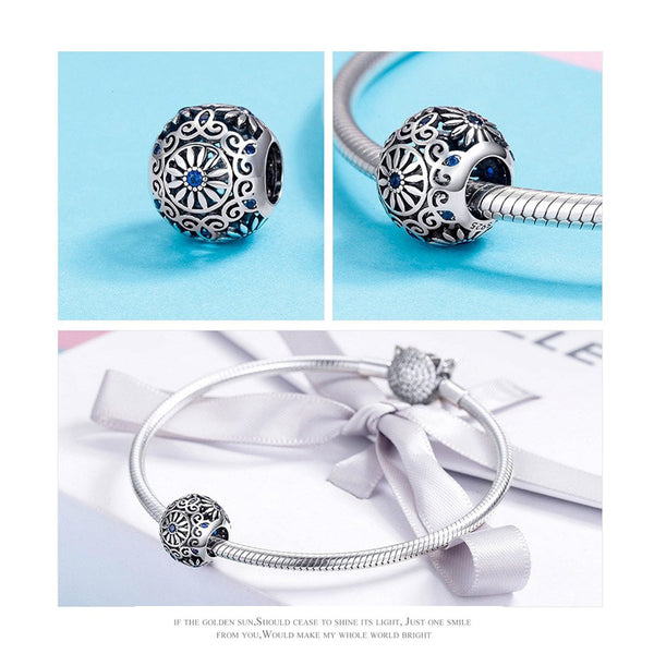 925 Sterling Silver Blue Daisy Flower Charm Bead Fits Pandora Charm Bracelet Pendant