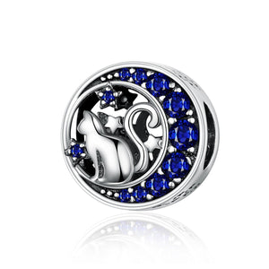 925 Sterling Silver Cat On The Blue Moon Charm Bead Fits Pandora Charm Bracelet Pendant