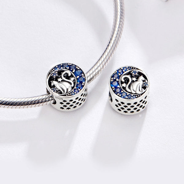 925 Sterling Silver Cat On The Blue Moon Charm Bead Fits Pandora Charm Bracelet Pendant