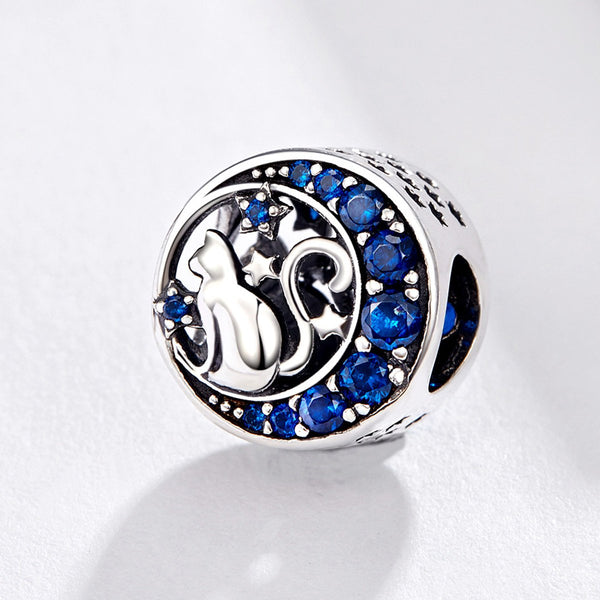 925 Sterling Silver Cat On The Blue Moon Charm Bead Fits Pandora Charm Bracelet Pendant