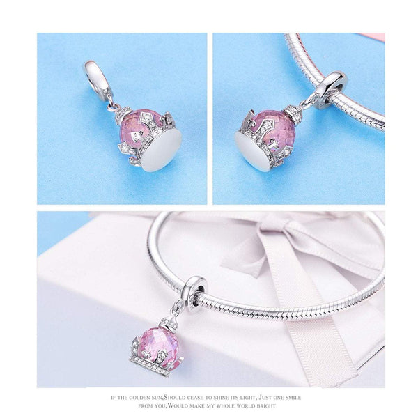 925 Sterling Silver Pink Crown Charm Bead Fits Pandora Charm Bracelet Pendant