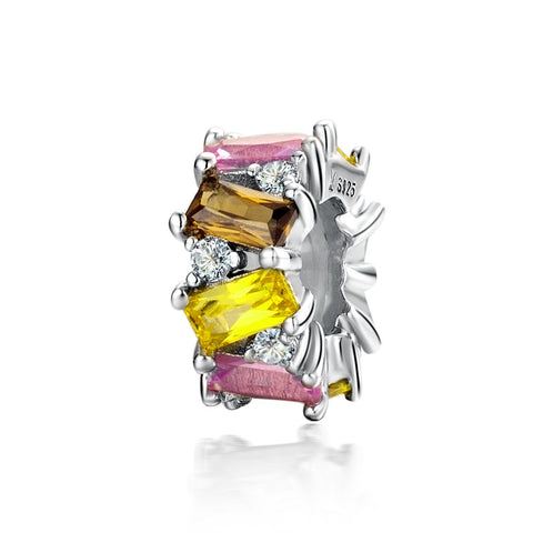 925 Sterling Silver Pink and Yellow Zircon Charm Bead Fits Pandora Charm Bracelet Pendant