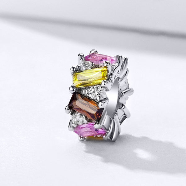 925 Sterling Silver Pink and Yellow Zircon Charm Bead Fits Pandora Charm Bracelet Pendant