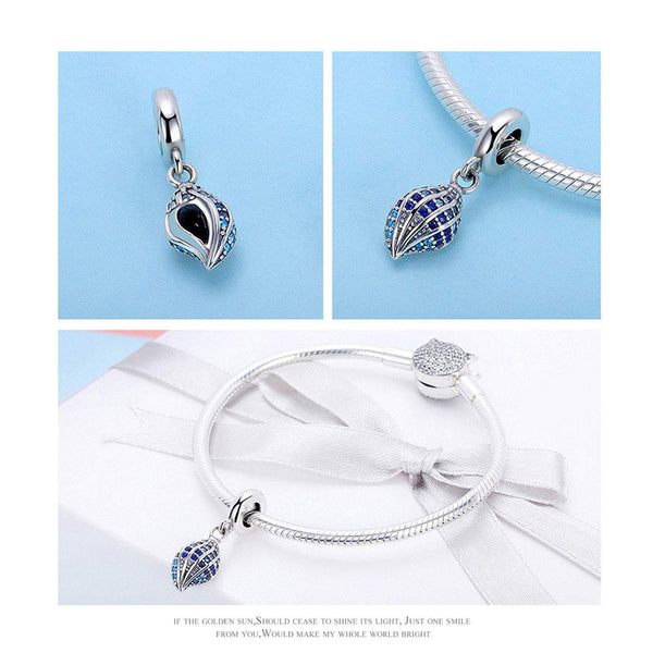 925 Sterling Silver Blue Conch Sea Snail Charm Bead Fits Pandora Charm Bracelet Pendant