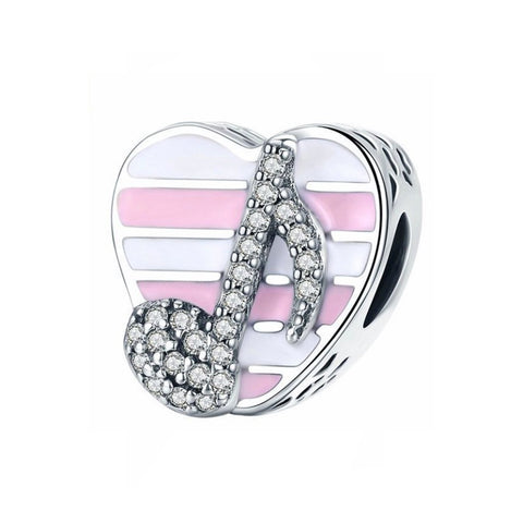 925 Sterling Silver Pink Heart with Music Note Charm Bead Fits Pandora Charm Bracelet Pendant