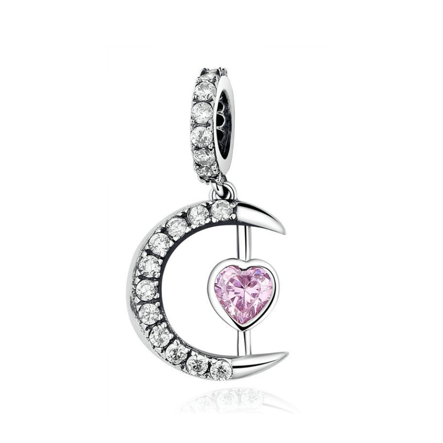 925 Sterling Silver Pink Heart In the Moon Charm Bead Fits Pandora Charm Bracelet Pendant