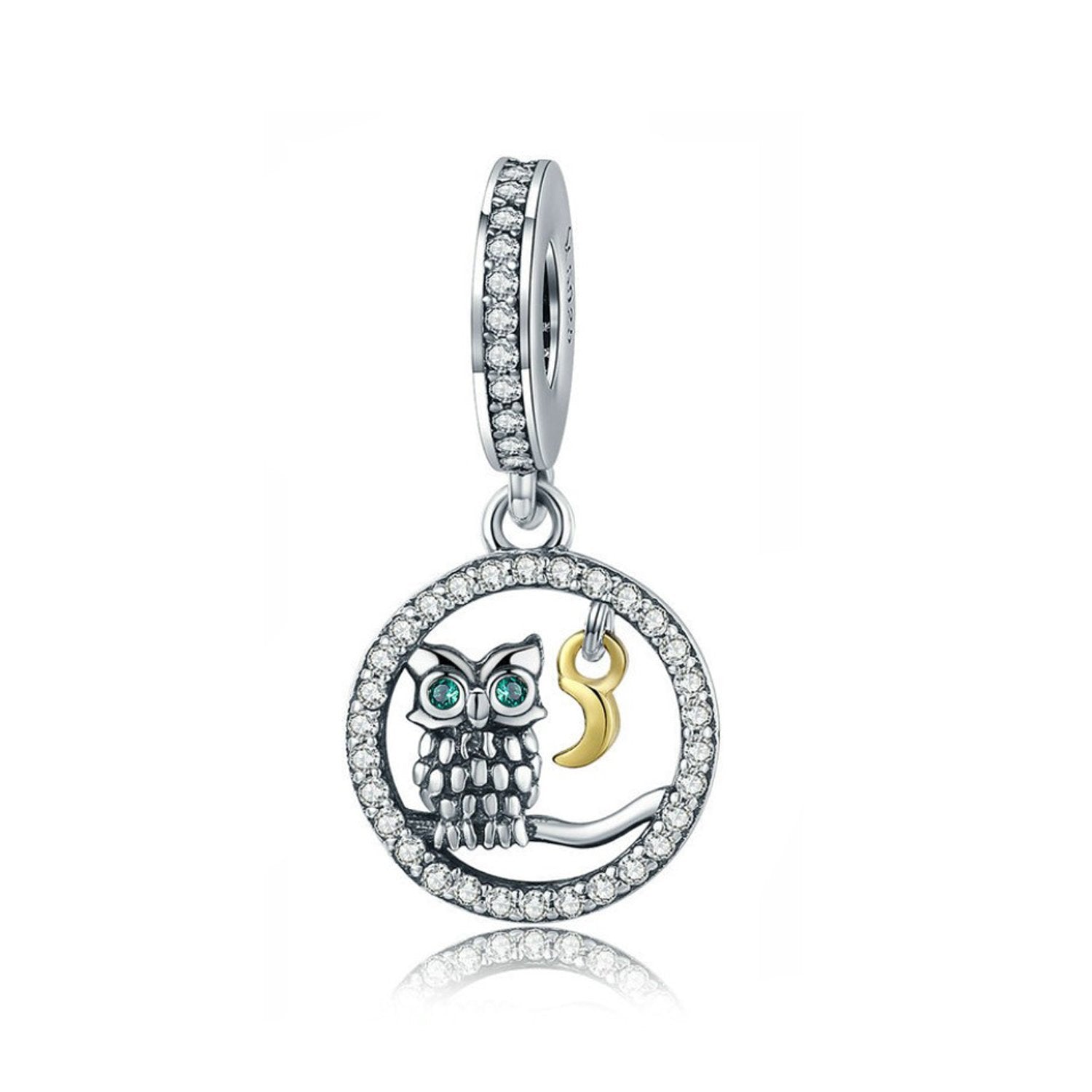 925 Sterling Silver Owl With Moon Bead Fits Pandora Charm Bracelet Pendant