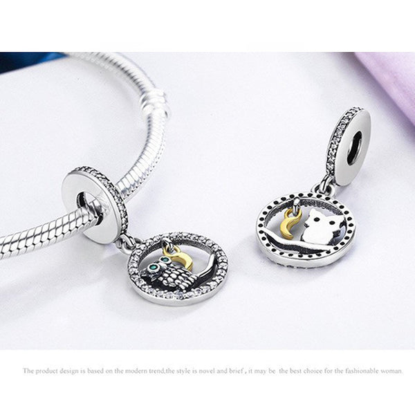 925 Sterling Silver Owl With Moon Bead Fits Pandora Charm Bracelet Pendant