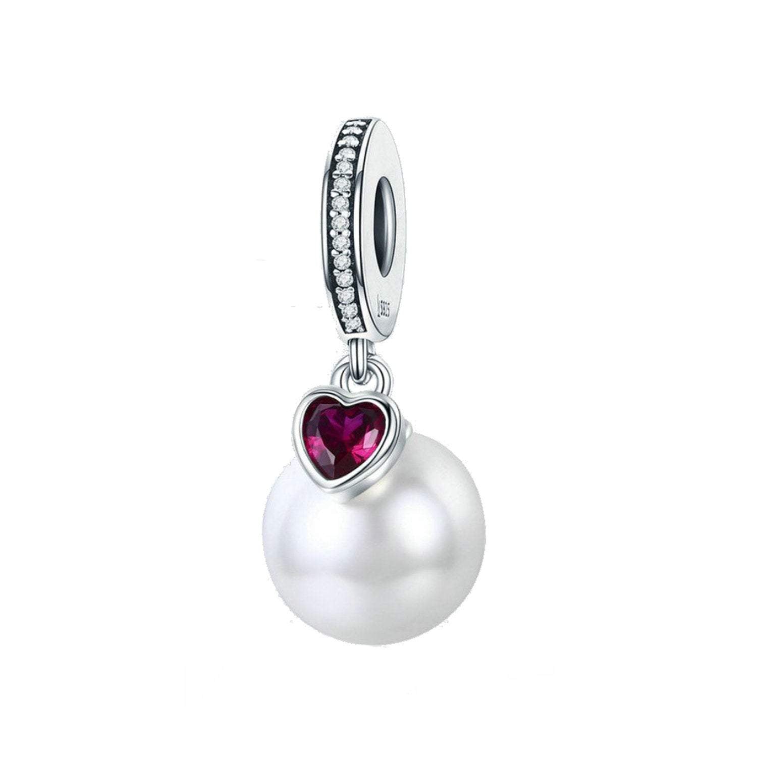 925 Sterling Silver Pearl With Red Heart Charm Fits Pandora Charm Bracelet Pendant