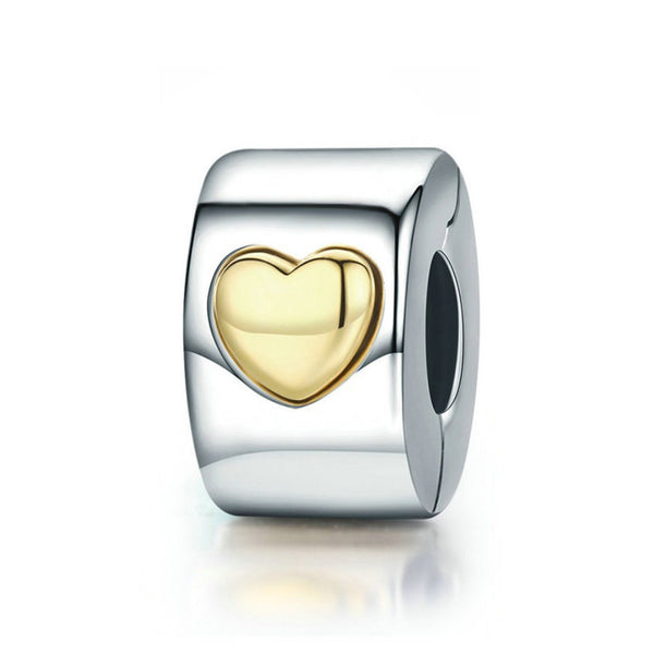 925 Sterling Silver Gold Heart Clip Charm Fits Pandora Charm Bracelet Pendant