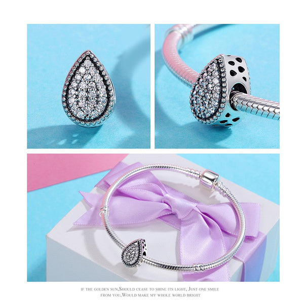 925 Sterling Silver Zircon Waterdrop Bead Charm Fits Pandora Charm Bracelet Pendant