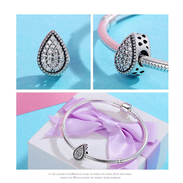 925 Sterling Silver Zircon Waterdrop Bead Charm Fits Pandora Charm Bracelet Pendant