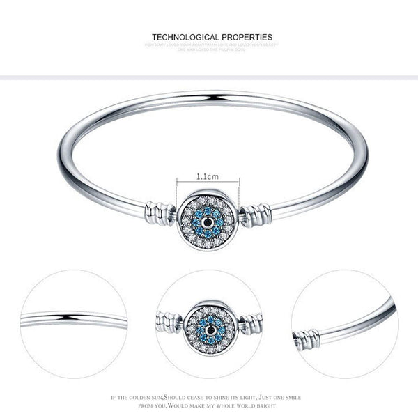 Solid 925 Sterling Silver Snap Clasp Blue Evil Eye Bangle Bracelet Fits Pandora Charms